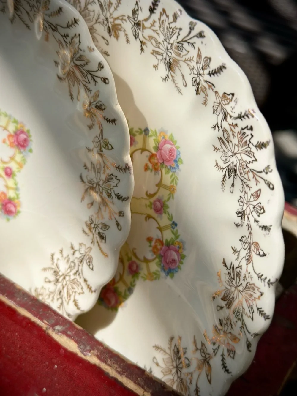 Franklin Ivory Scalloped Edge Dessert Plates White with 22K Pink Floral Accent